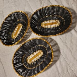 (3) Black and Gold Woven Storage Baskets